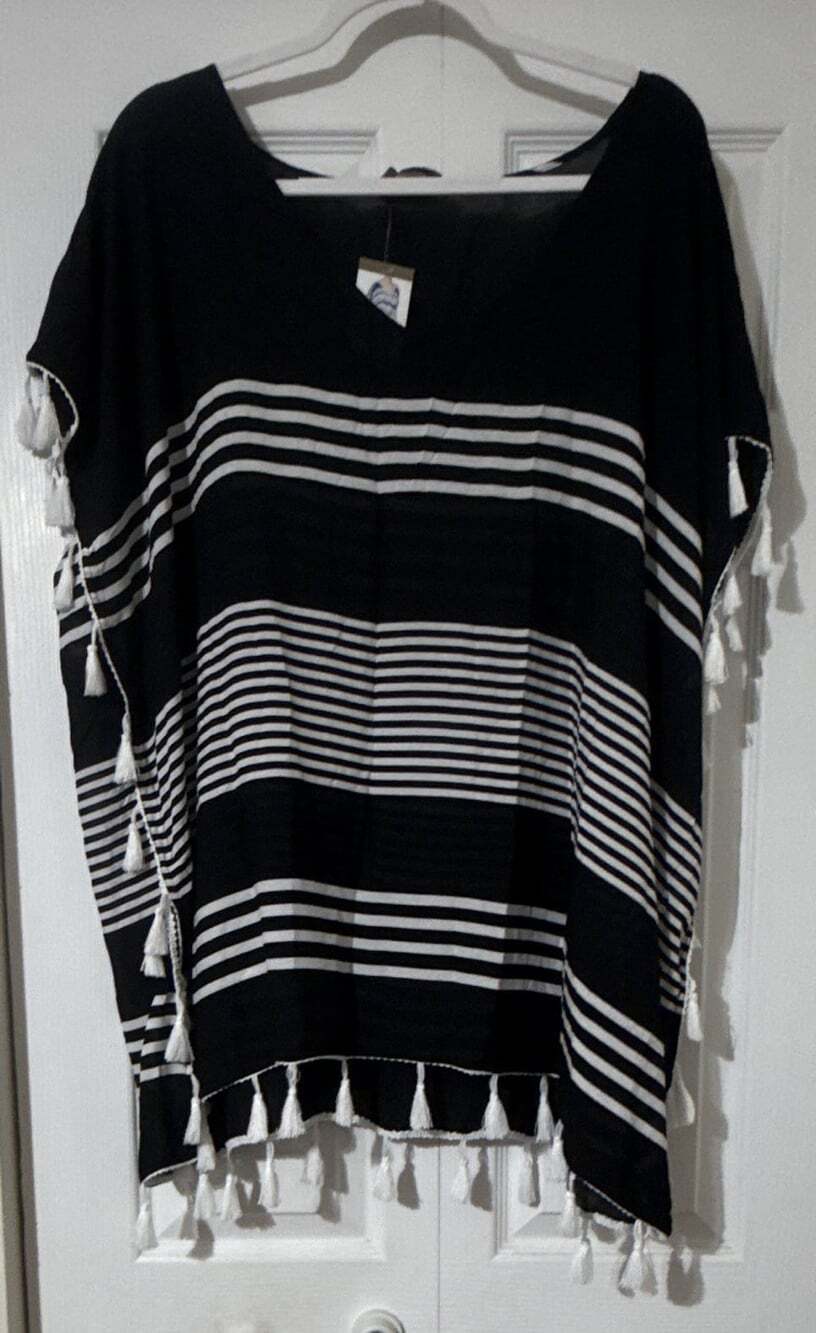 C.T Beach Women’s Rayon Beach Cover Up XXL Black/White Striped Tassel